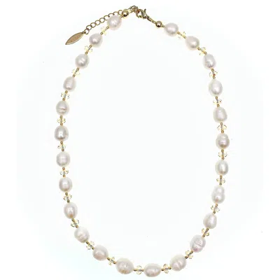 Farra Women's White Clear Crystals With Freshwater Pearls Short Necklace