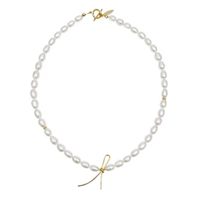 Farra Women's White Contemporary Freshwater Pearls With Butterfly Knot Necklace