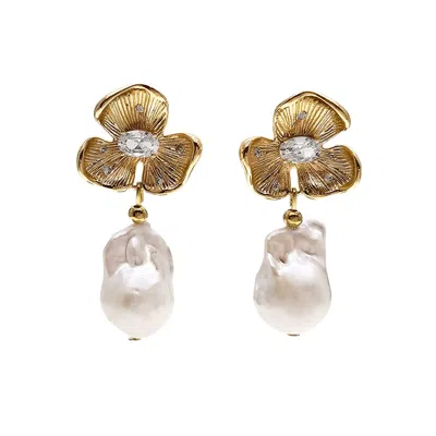 Farra Women's White Elegant Baroque Freshwater Pearl Flower Stud Earrings