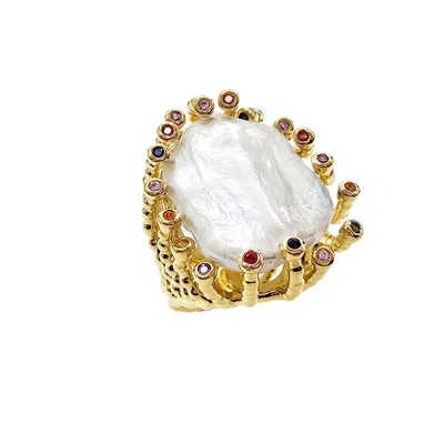 Farra Women's White Flat Baroque Pearl With Colorful Zircon Cocktail Ring