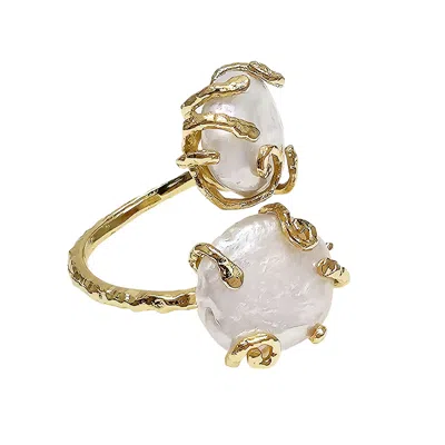 Farra Women's White Flat Baroque Pearls Open Statement Ring