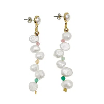 Farra Women's White Flower Petal Freshwater Pearls With Colorful Stones Earrings