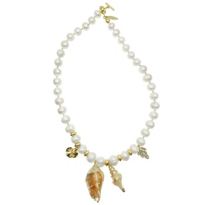 Farra Women's White Freshwater Pearl & Shell Charm Short Necklace