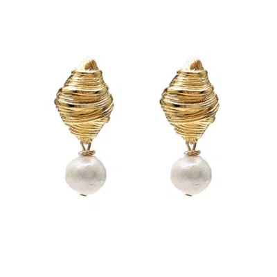 Farra Women's White Freshwater Pearl Dangle Gold Stud Earrings
