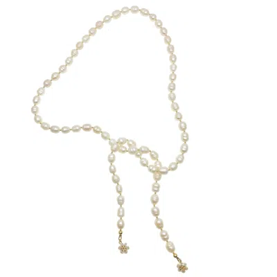 Farra Women's White Freshwater Pearl With Snowflake Charms Open Ended Long Necklace
