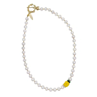 Farra Women's White Freshwater Pearl With Yellow Pineapple Pendant Necklace