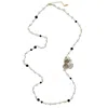 Farra Women's White Freshwater Pearls And Black Obsidian With Flower Charm Long Necklace