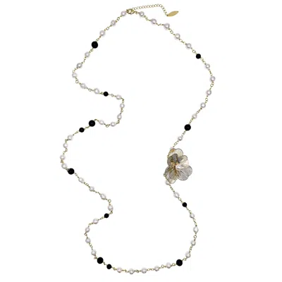 Farra Women's White Freshwater Pearls And Black Obsidian With Flower Charm Long Necklace