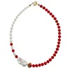 Farra Women's White Freshwater Pearls And Red Coral With Baroque Pearls Elegant Necklace