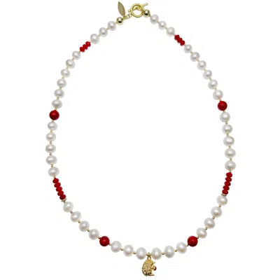 Farra Women's White Freshwater Pearls And Red Coral With Hedgehog Pendant Necklace