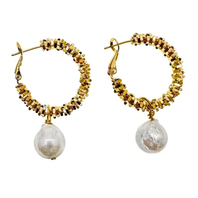 Farra Women's White Freshwater Pearls Dangle Hoop Earrings