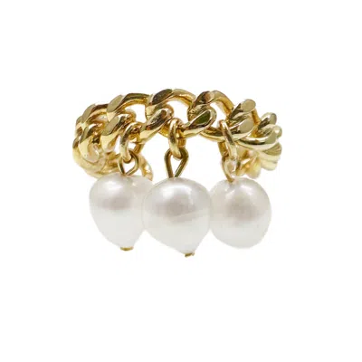 Farra Women's White Freshwater Pearls Drops Adjustable Ring In Gold