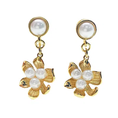 Farra Women's White Freshwater Pearls Floral Charm Earrings
