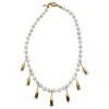 Farra Women's White Freshwater Pearls Flower Metal Charms Statement Necklace