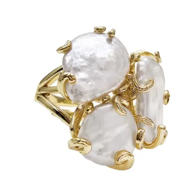 Farra Women's White Freshwater Pearls Statement Adjustable Ring