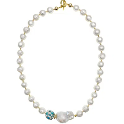 Farra Women's White Freshwater Pearls With Baroque Pearls & Turquoise Short Necklace