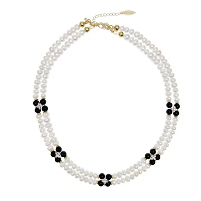 Farra Women's White Freshwater Pearls With Black Obsidian And Zircon Stone Statement Collar Necklace