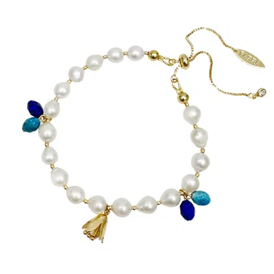 Farra Women's White Freshwater Pearls With Blue Gemstone And Flower Charms Bracelet