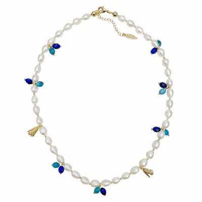 Farra Women's White Freshwater Pearls With Blue Gemstone And Flower Charms Necklace