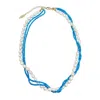 Farra Women's White Freshwater Pearls With Blue Turquoise Twisted Necklace