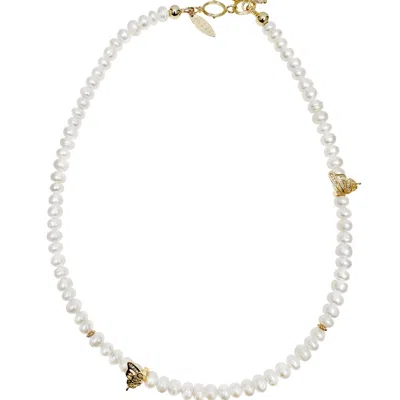 Farra Women's White Freshwater Pearls With Butterfly Charm Necklace