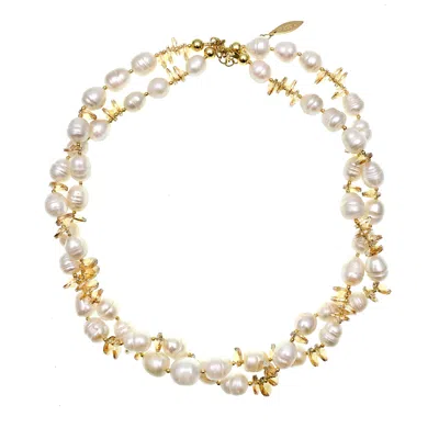 Farra Women's White Freshwater Pearls With Crystals Double Strands Necklace In Gold