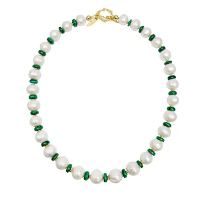 Farra Women's White Freshwater Pearls With Green Malachite Beads Spacer Necklace