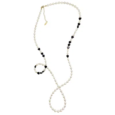 Farra Women's White Freshwater Pearls With Heart Black Obsidian Long Necklace