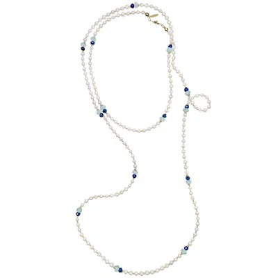Farra Women's White Freshwater Pearls With Lapis Opera Long Necklace