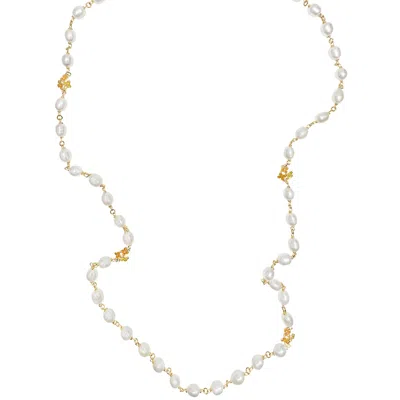 Farra Women's White Freshwater Pearls With Orange Flower Charm Long Necklace