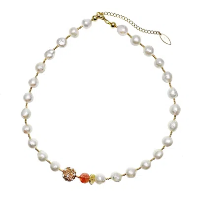 Farra Women's White Freshwater Pearls With Watermelon Quartz & Rhinestones Short Necklace