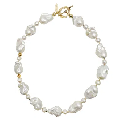 Farra Women's White / Gold Baroque Pearls Short Necklace In Multi