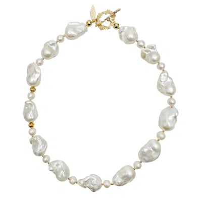 Farra Women's White / Gold Baroque Pearls Short Necklace
