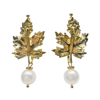 Farra Women's White Gold Maple Leaves With Freshwater Pearls Statement Earrings