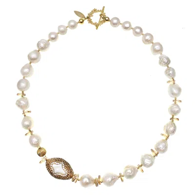 Farra Women's White Gorgeous Irregular Freshwater Pearls With Rhinestone Necklace In Gold