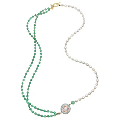 Farra Women's White / Green Green Aventurine And Pearls With Rhinestone Long Necklace In Multi
