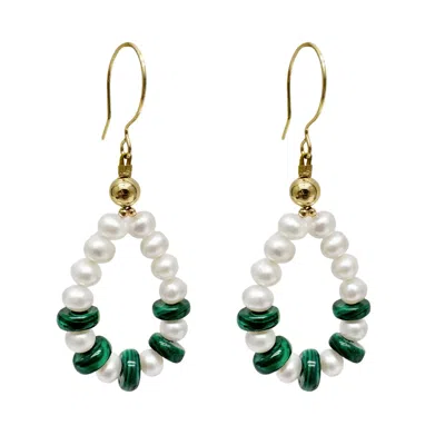 Farra Women's White / Green Handcrafted Teardrop Freshwater Pearls With Malachite Earrings In Multi