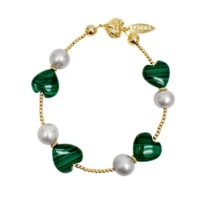 Farra Women's White / Green Heart Green Malachite With Gray Freshwater Pearls Bracelet In Gold
