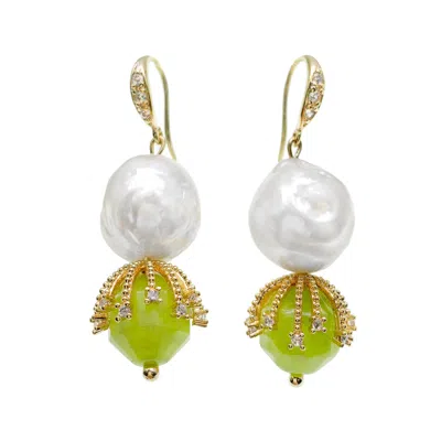 Farra Women's White / Green Irregular Freshwater Pearls With Grass Green Jade Dangle Earrings In Gold