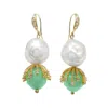 Farra Women's White / Green Irregular Freshwater Pearls With Green Aventurine Stones Jade Dangle Earrings In Multi