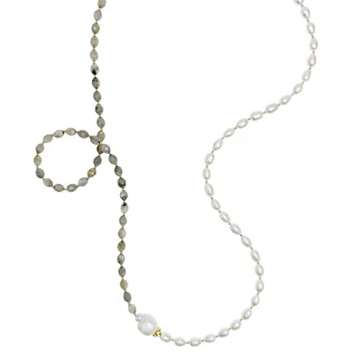 Farra Women's White / Grey Gray Labradorite With Freshwater Baroque Pearls Long Necklace