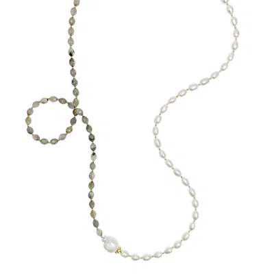 Farra Women's White / Grey Gray Labradorite With Freshwater Baroque Pearls Long Necklace In Black