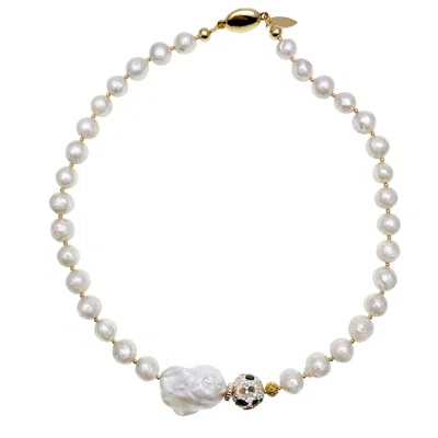Farra Women's White Irregular Pearls With Baroque Pearls & Rhinestones Necklace In Gold