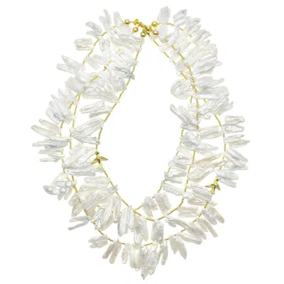 Farra Women's White Leave Shaped Freshwater Pearls Triple Strands Necklace