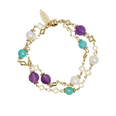 Farra Women's White Multi Color Gemstone With Pearls Double Layers Chain Bracelet