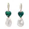 Farra Women's White Natural Baroque Pearls With Heart Malachite Earrings