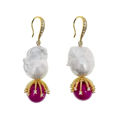 Farra Women's White / Pink Baroque Pearls And Magenta Gemstone Earrings In Multi
