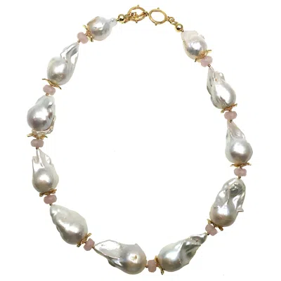 Farra Women's White / Pink Baroque Pearls With Rose Quartz Short Necklace In Multi