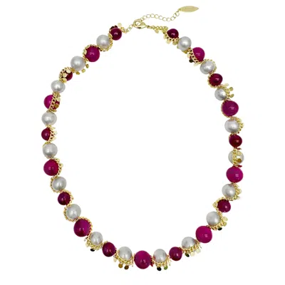 Farra Women's White / Pink Gray Freshwater Pearls With Magenta Gemstone Statement Necklace In Multi