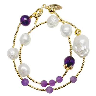 Farra Women's White / Pink / Purple Baroque Pearl With Amethyst Double Layers Bracelet In Multi
